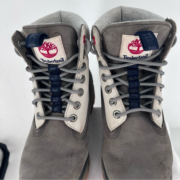 Timberland Roll-Top Boots Women's 7M Gray Cream Canvas Suede Lace-Up some wear - Picture 2 of 11